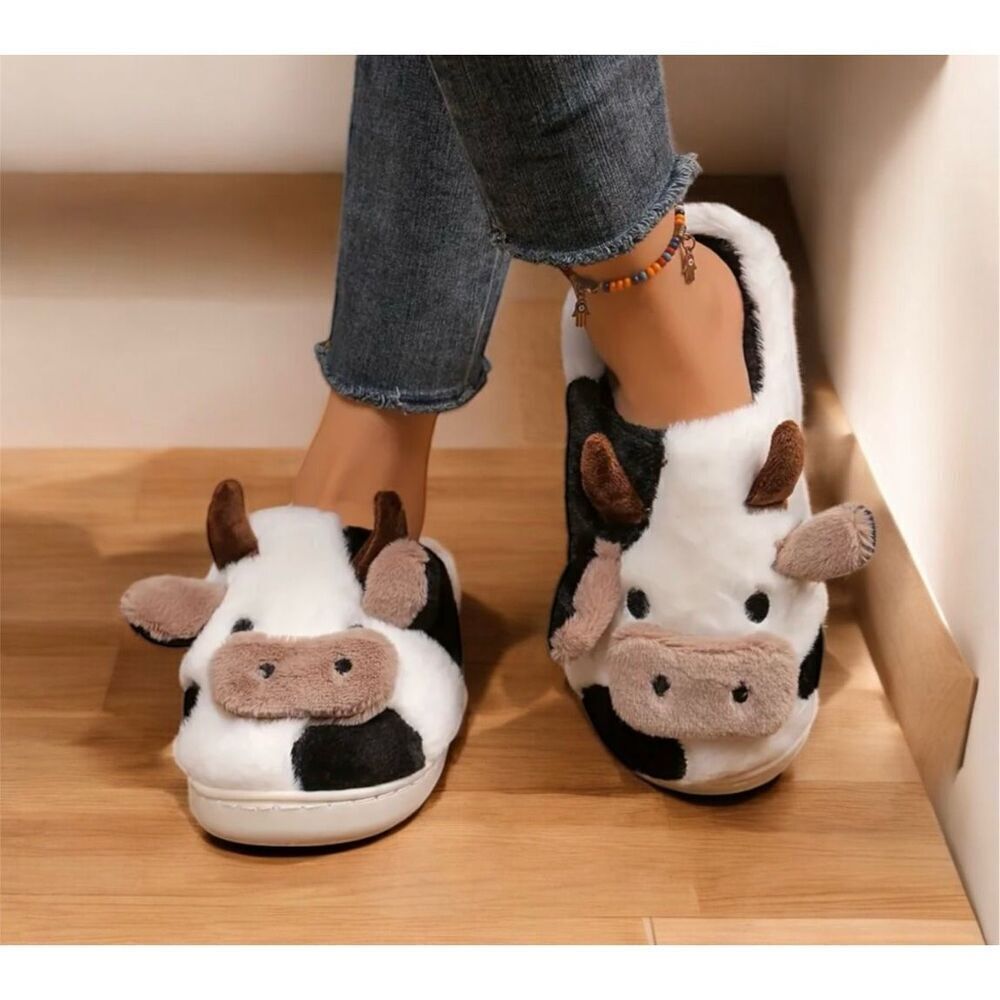 NWT Chunky XL 9.5-10 Cushioned Comfy Plush Cow Tan White Furry Soles Slipper